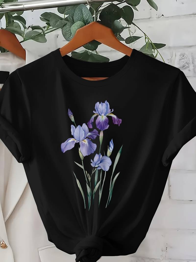 Women's Flower Printed Graphic T-Shirt Casual Short Sleeve Crew Neck Tee S-3XL √