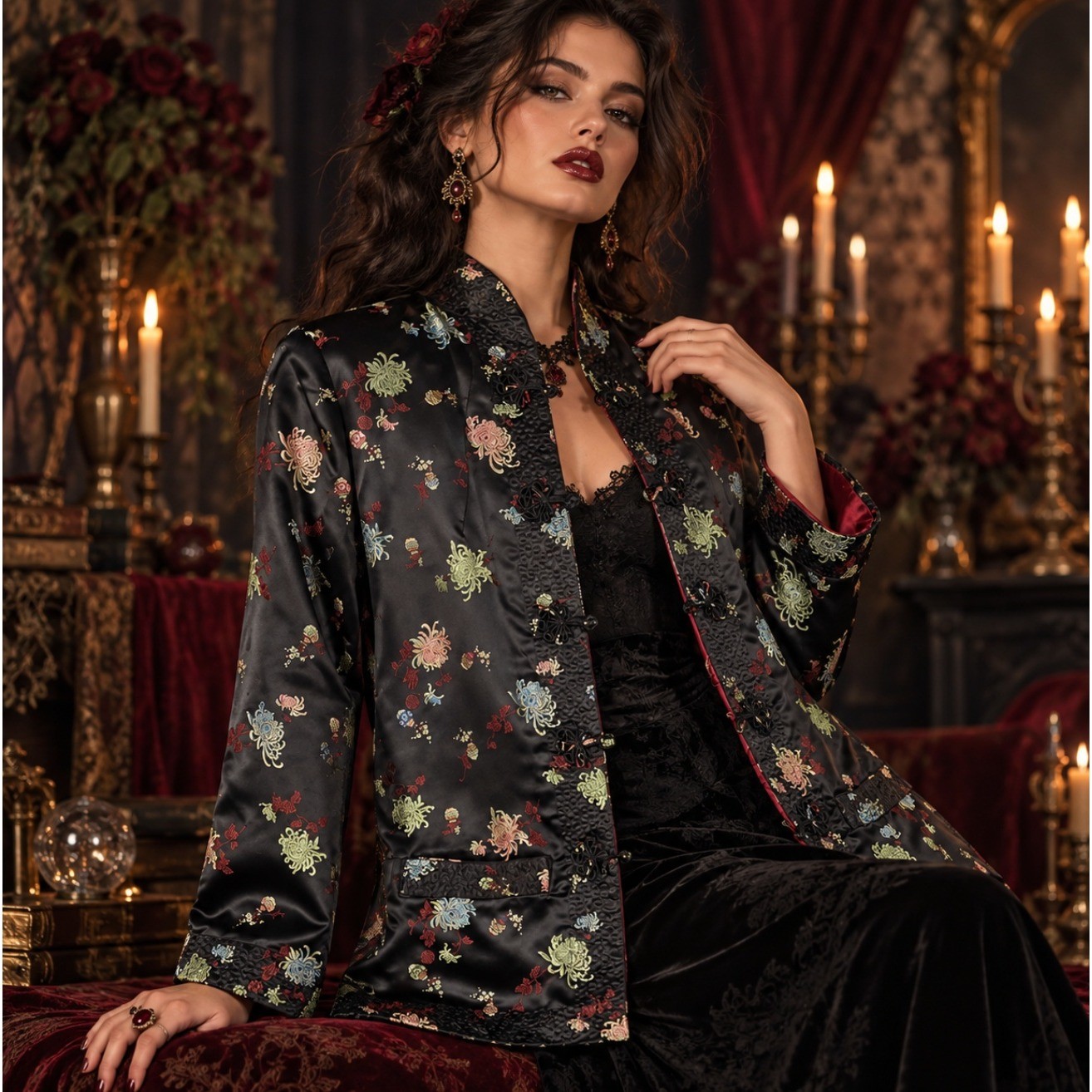 Vintage Reversible Satin Floral Asian Jacket Black Red Frog Closure S Whimsigoth