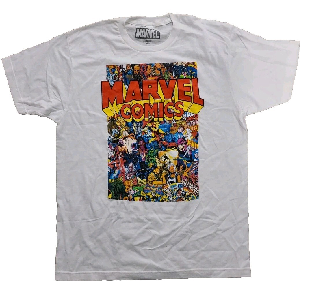 NEW Marvel Comics Classic Character Collage White t-shirt Mens Size L Excelsior