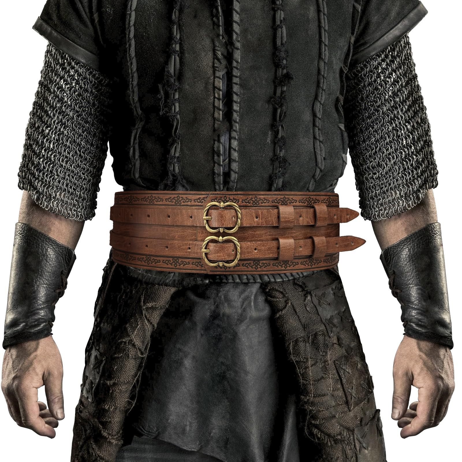 HiiFeuer Medieval Viking Faux Leather Armor Wide Belt (Brown D)