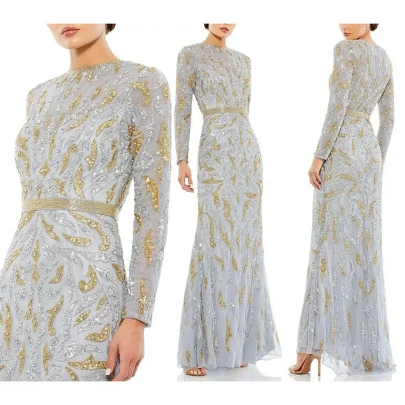 Mac Duggal Platinum Silver Gold Paisley Beaded Long Sleeve Gown Size 10 $598