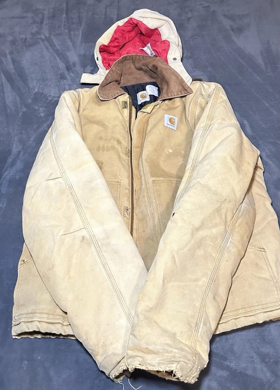 Vintage Carhartt Hooded Jacket Tan Duck Canvas Red Quilt Lined Distressed Large