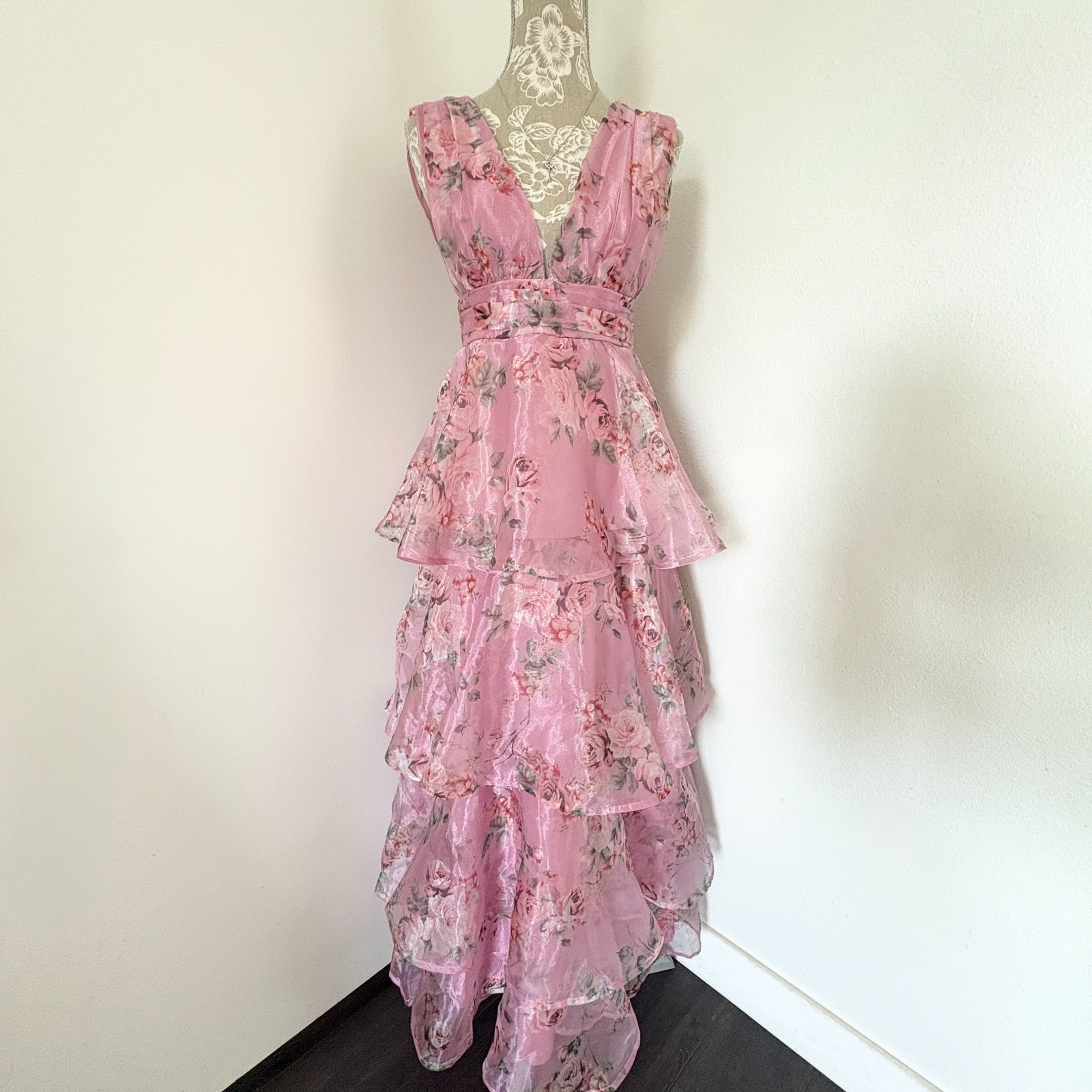 Lulus Womens Small Pink Floral Organza Tiered Ruffle Maxi Dress V-Neck