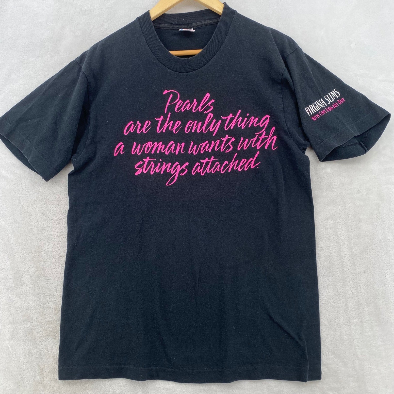 Vintage Virginia Slims Fruit of the Loom T Shirt Black Graphic Tee Size L
