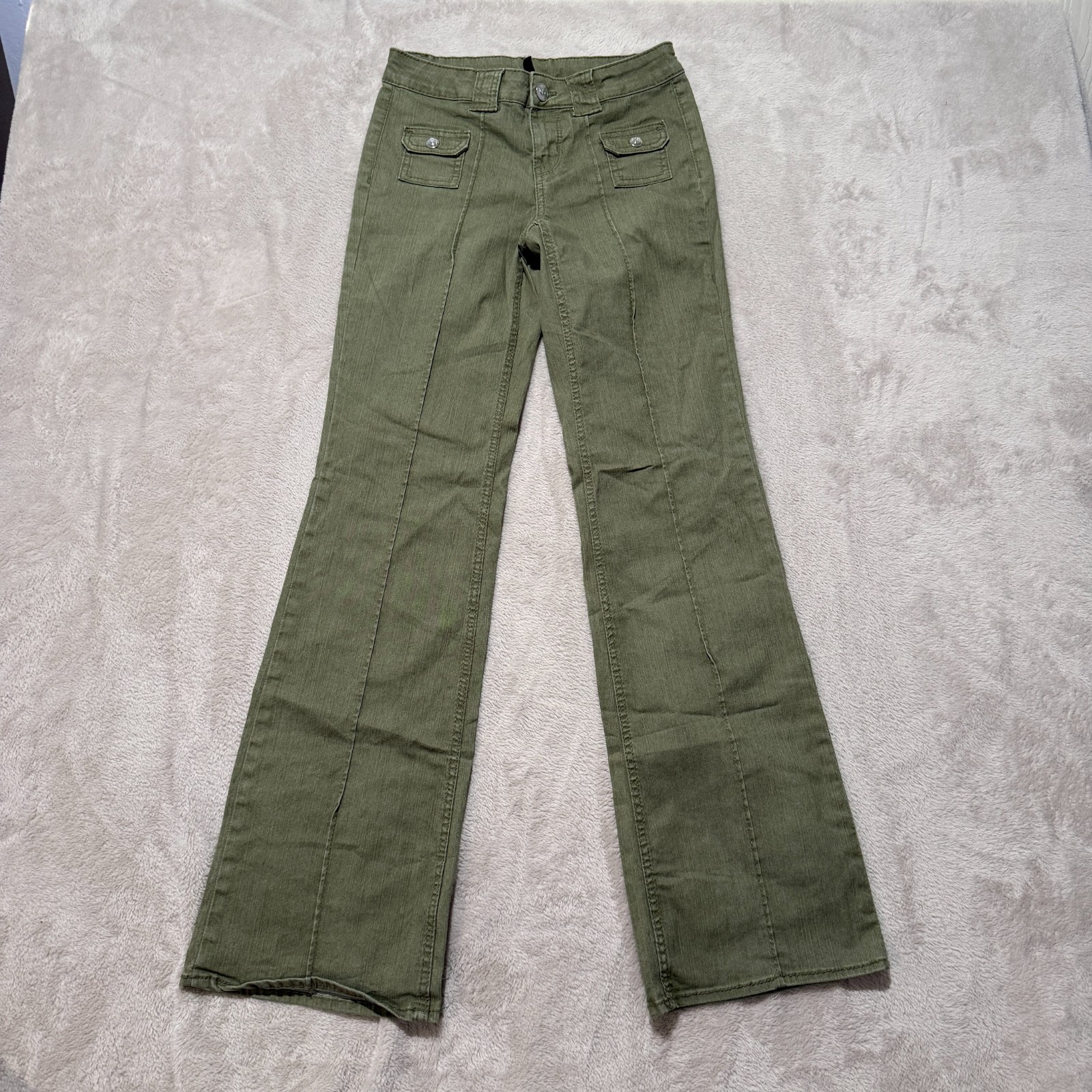 H&M Divided Jeans Womens 2 Olive Green Denim Cotton Flared Leg Seam Detail Front