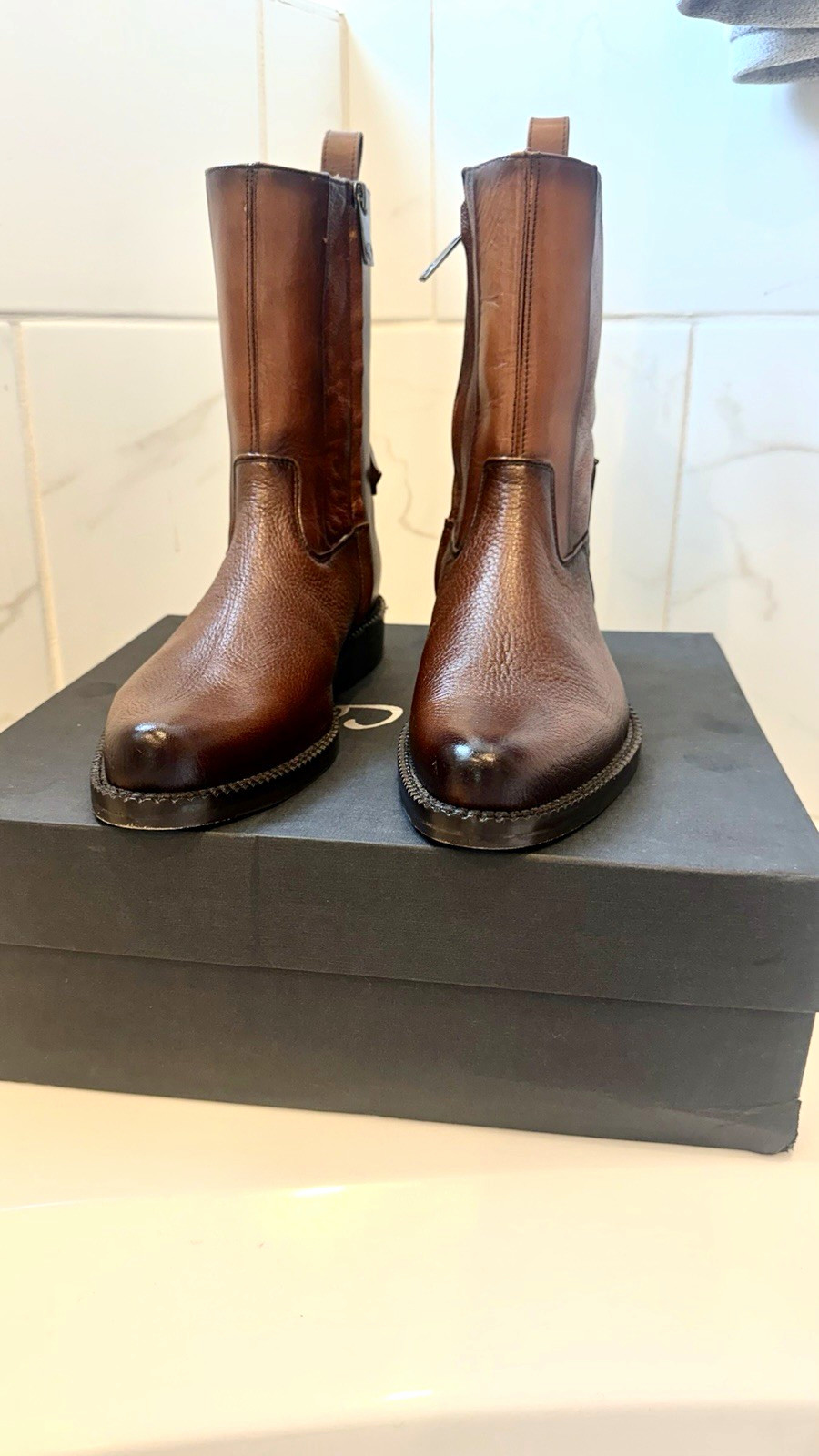 Cuadra Men’s Brown Leather Mid-Calf Zip Boots Round Toe US 7