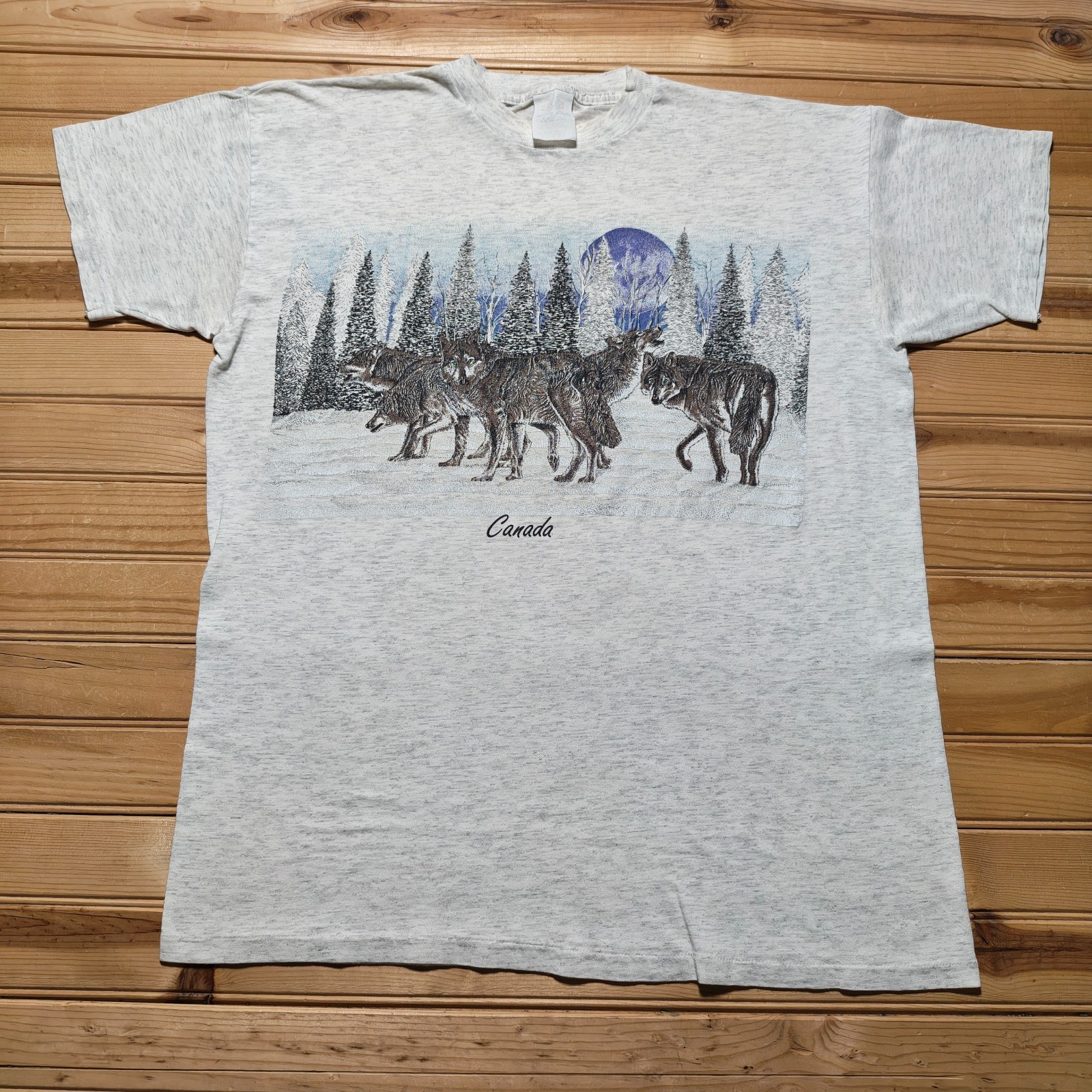 Vintage 90s Wolf Pack Canada Moon Wildlife Nature Animals Graphic T-Shirt Large