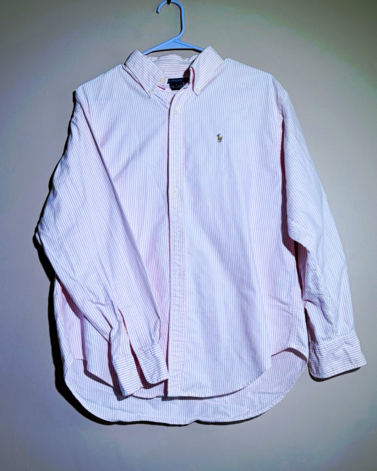 Ralph Lauren Sport Men\'s L Pink/White Striped Long Sleeve Cotton Button-Up