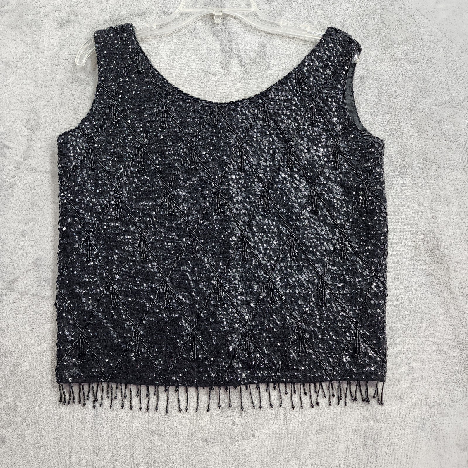 Vintage 60s Black Sequin Beaded Top Womens M Black Fringe Wool Party Rat Pack
