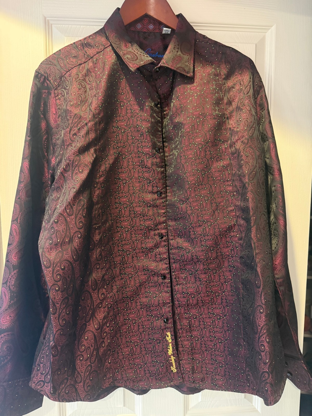 Robert Graham Limited Edition Men\'s XL Burgundy Paisley Jacquard Shirt Classic F