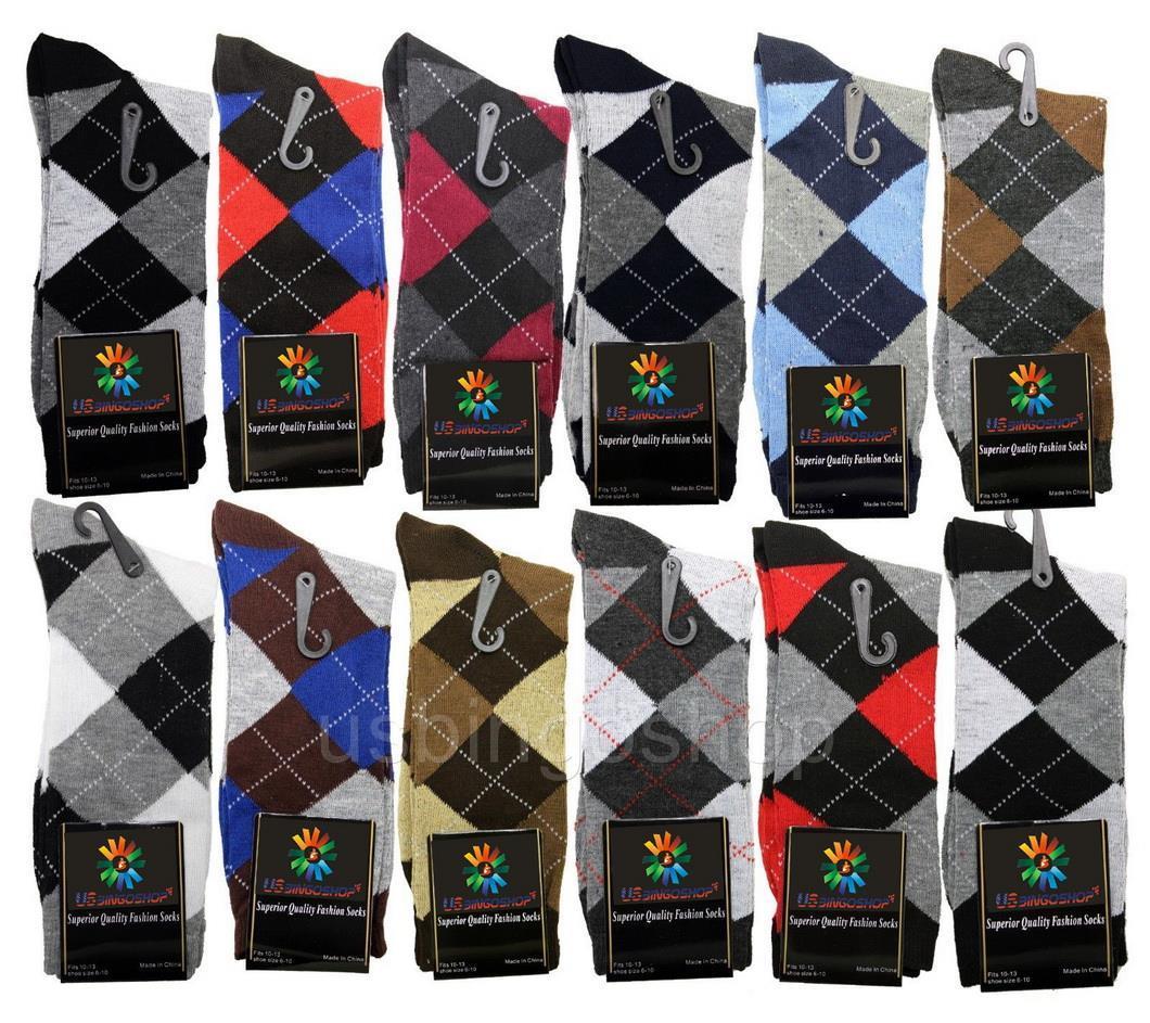 3-12 Pair Cotton Men Mens Cotton Argyle Striped Black  Mid Calf Crew Dress Socks