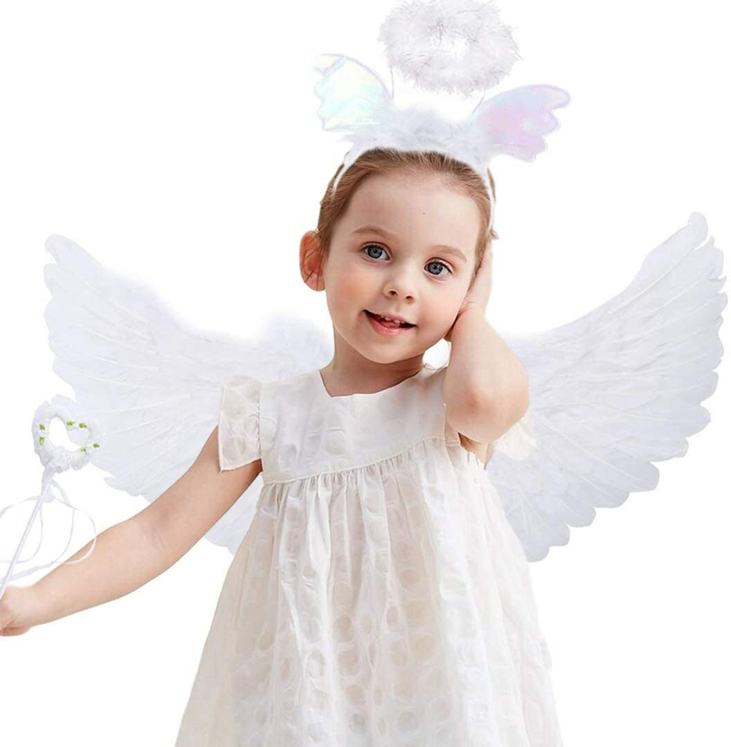 Angel Feather Wings w/Halo Ring Wand Costume Props Adult/Teen/Kids Valentine\'s