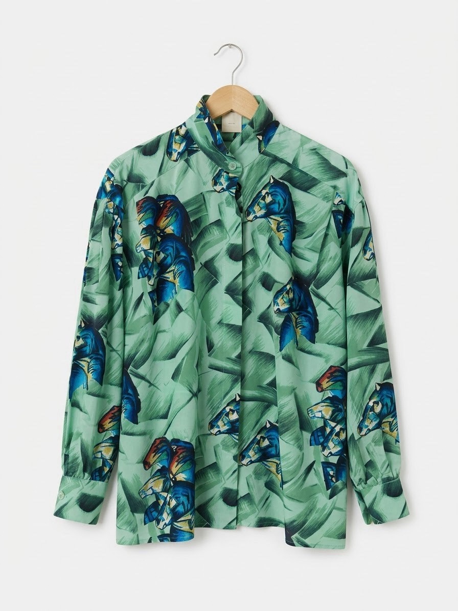 RARE Vintage ESCADA Margaretha Ley Silk Blouse Horse Print Emerald Green Size 44