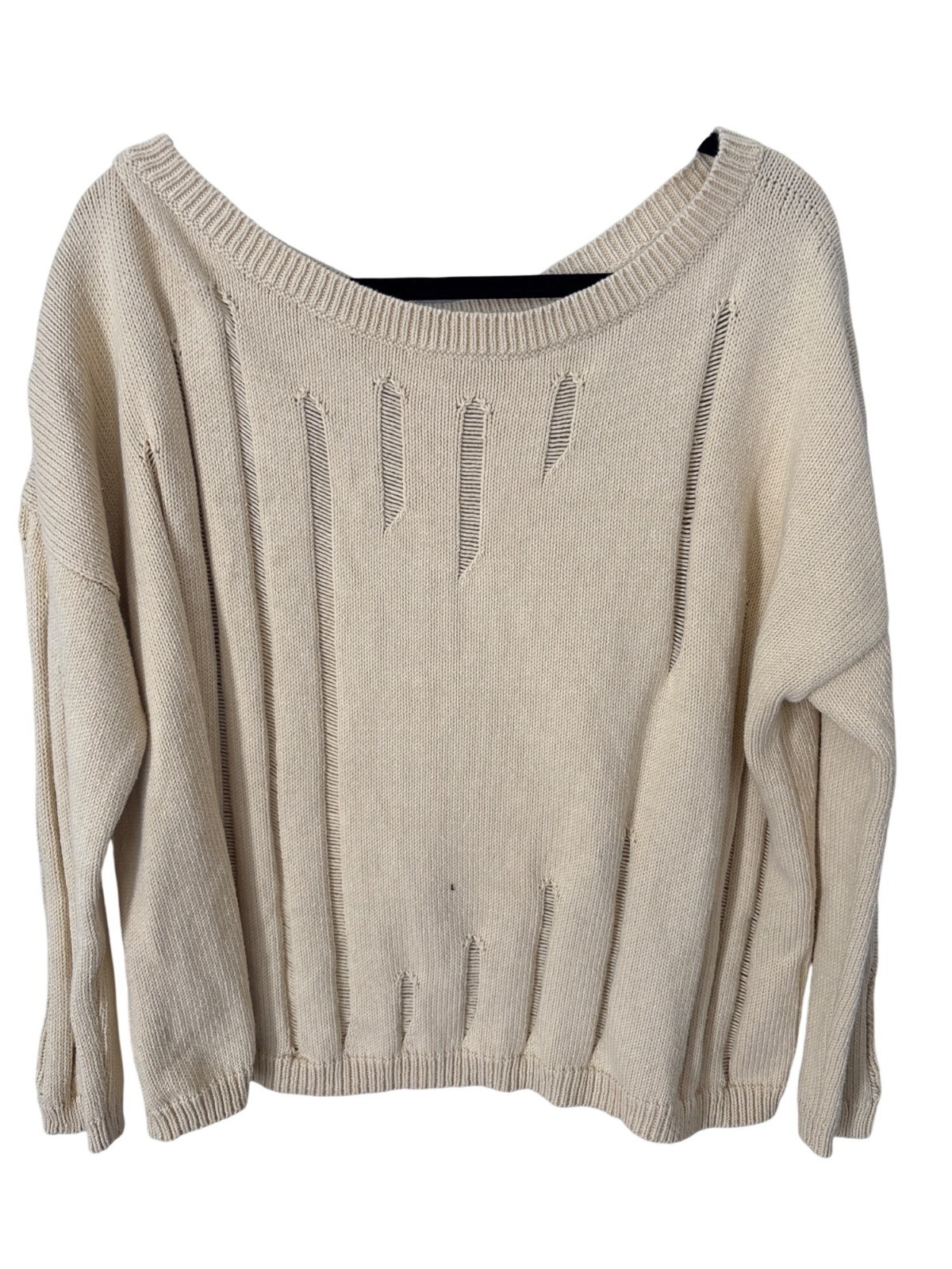 PLANET by Lauren G Undone Sweater One Size Boat Neck Distressed Pullover Butter