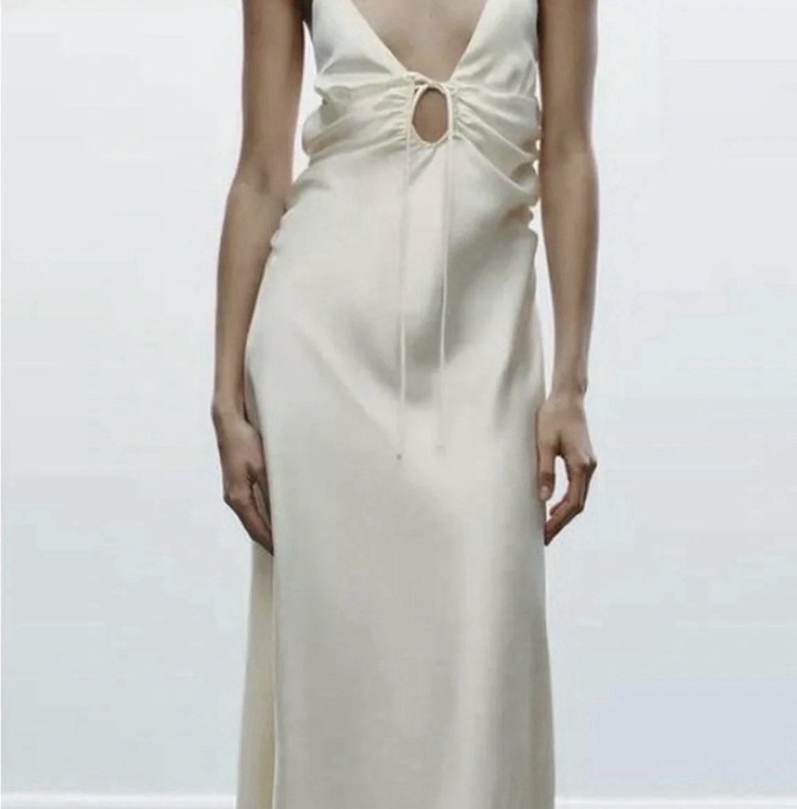 NWT Zara White Satin Midi Dress Size XS Ruched Draped Backless Slip Bridal