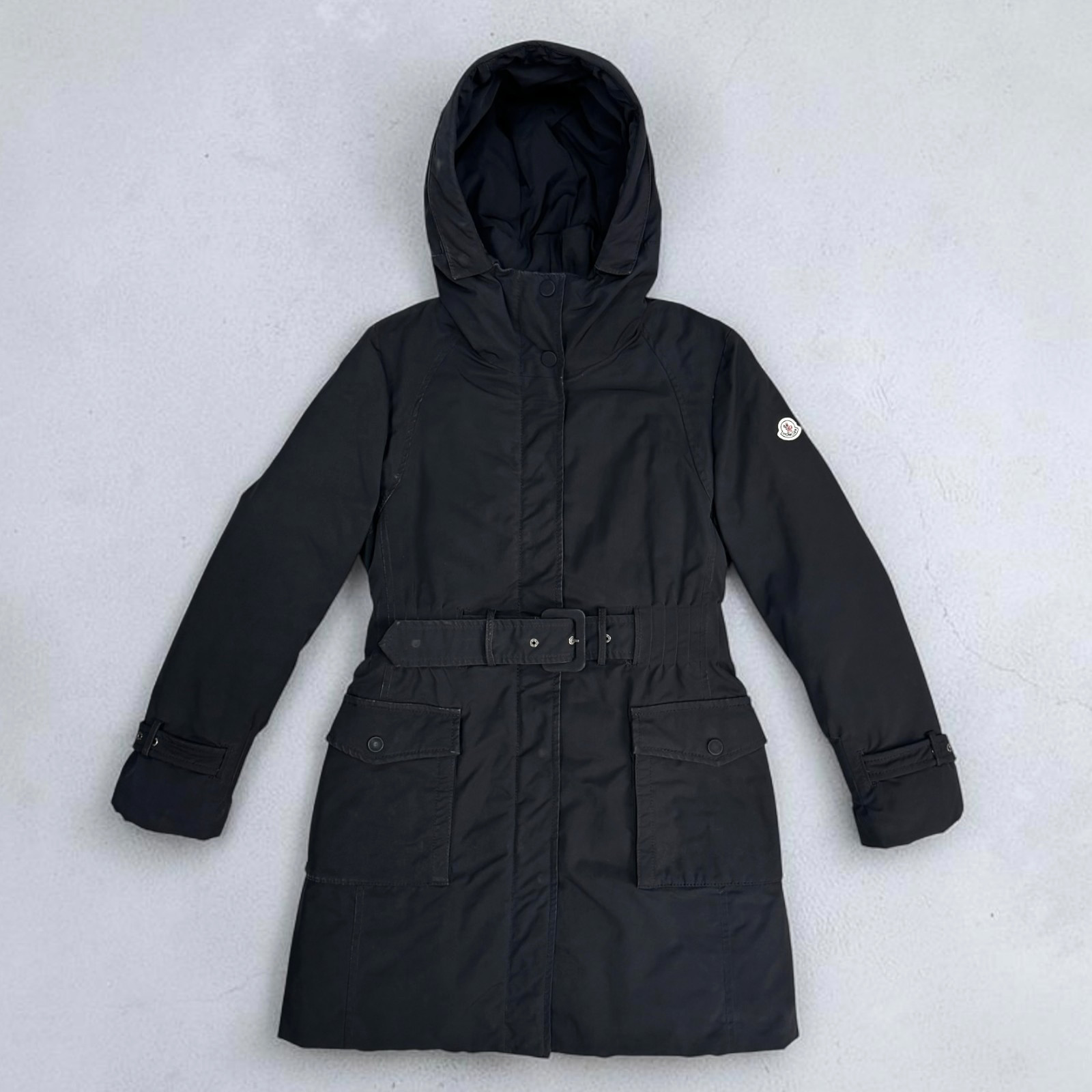 Vintage Moncler Women\'s Black Down Coat Belted Hooded Parka Size 1 S Y2K