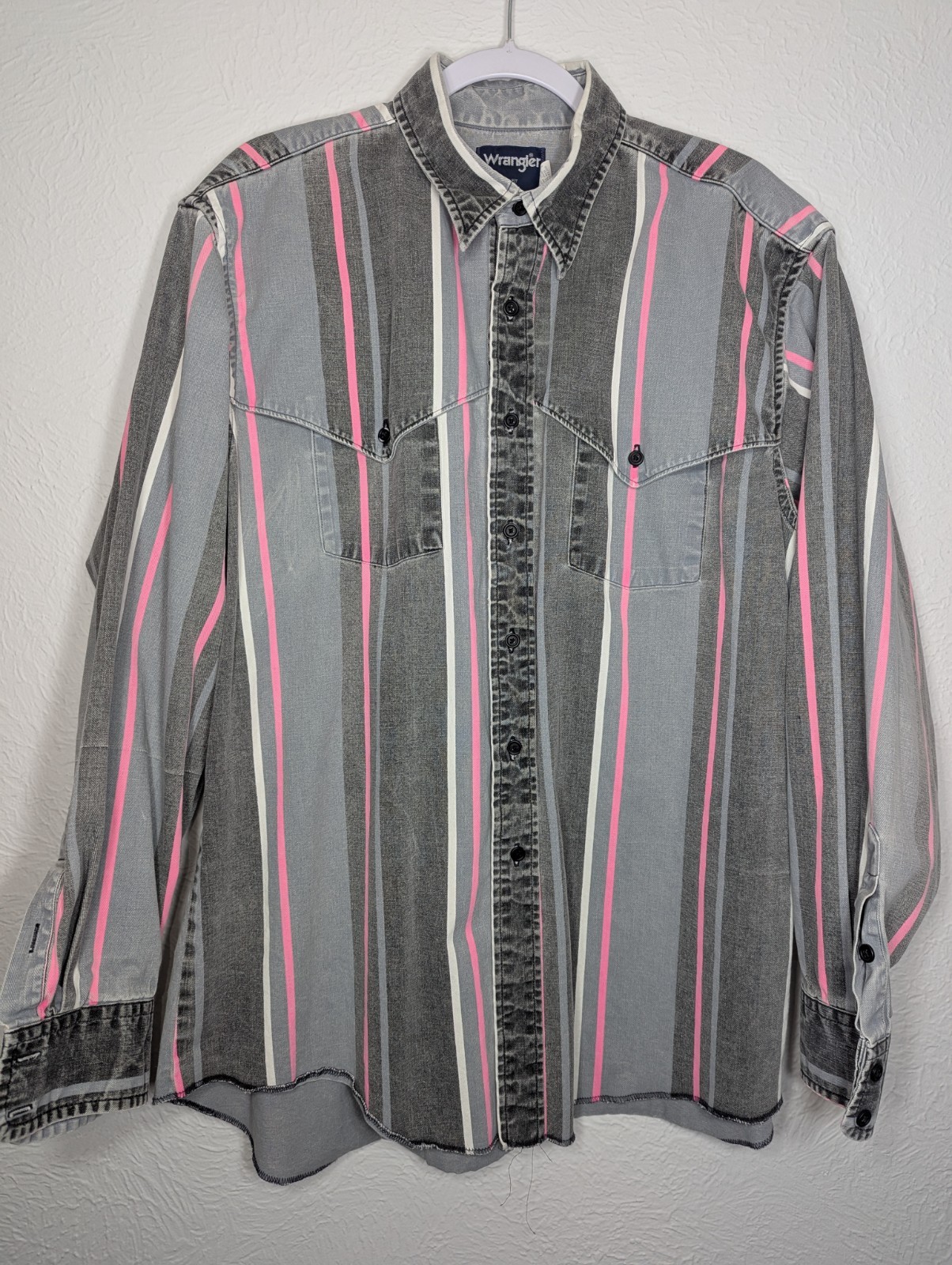 Vintage Wrangler Western Striped Brushpopper Shirt Mens XL X-LongTails Pink Grey