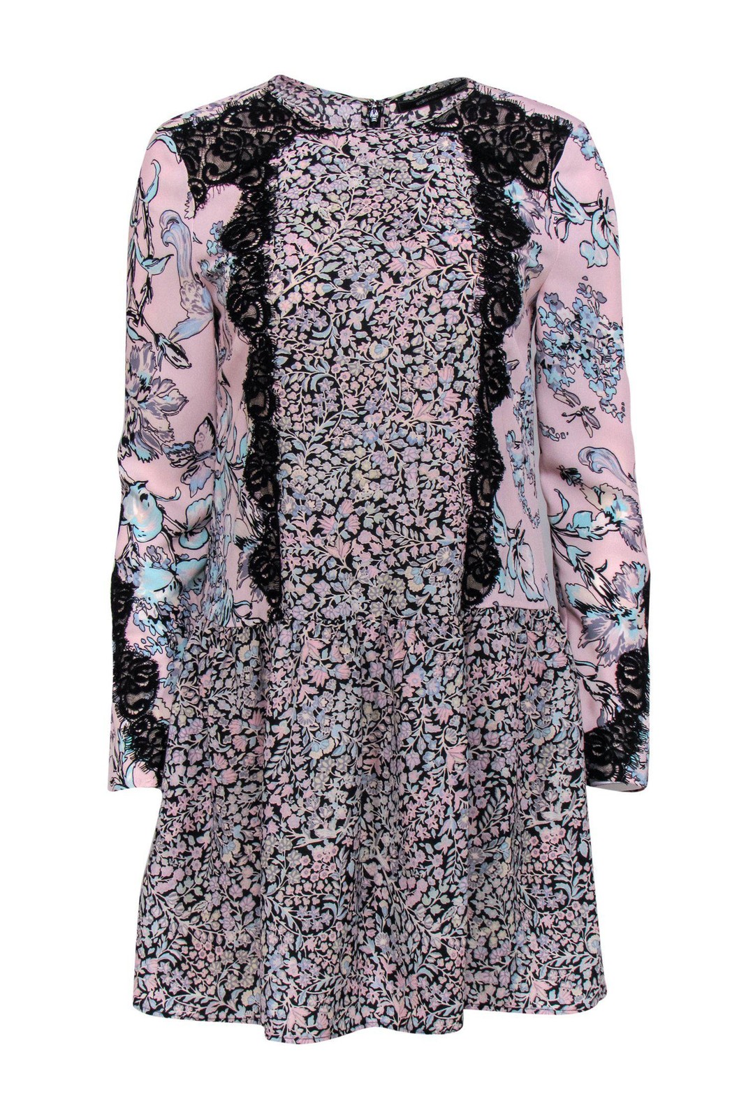 BCBG Max Azria - Pink, Blue & Black Floral Print Drop Waist \