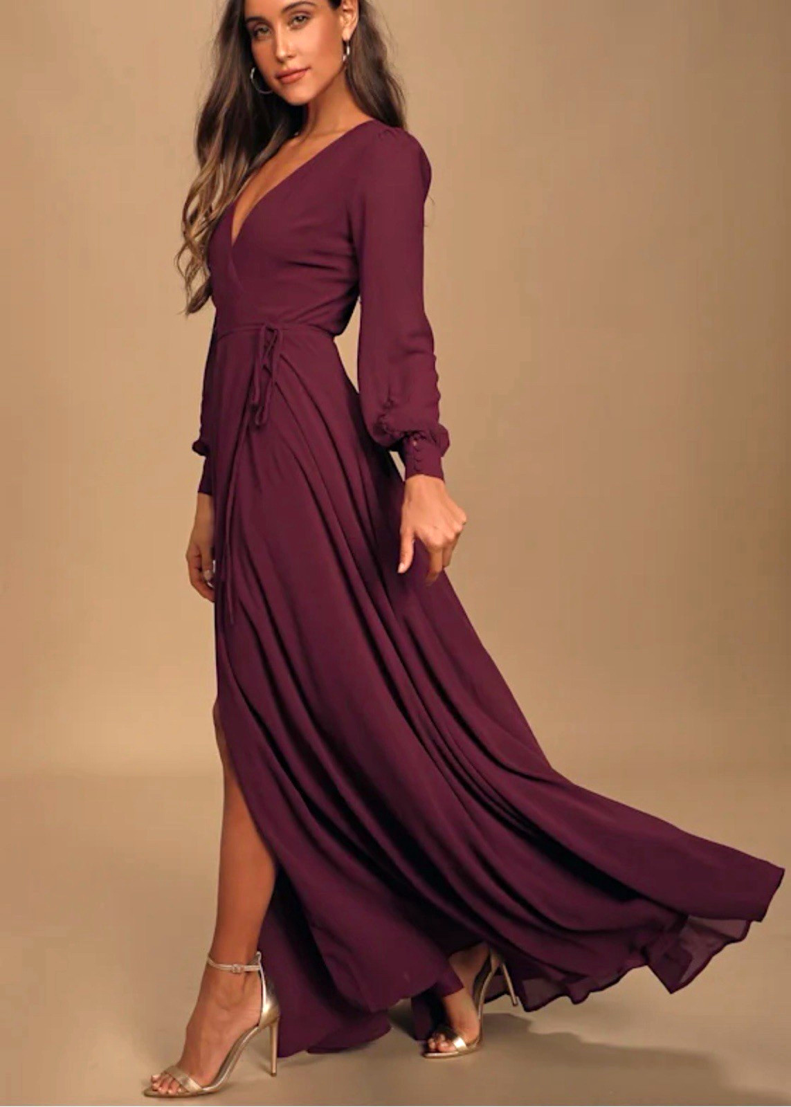 NWT Lulus Burgundy XS Chiffon Wrap Maxi Dress V-Neck Long Sleeve Side Slit