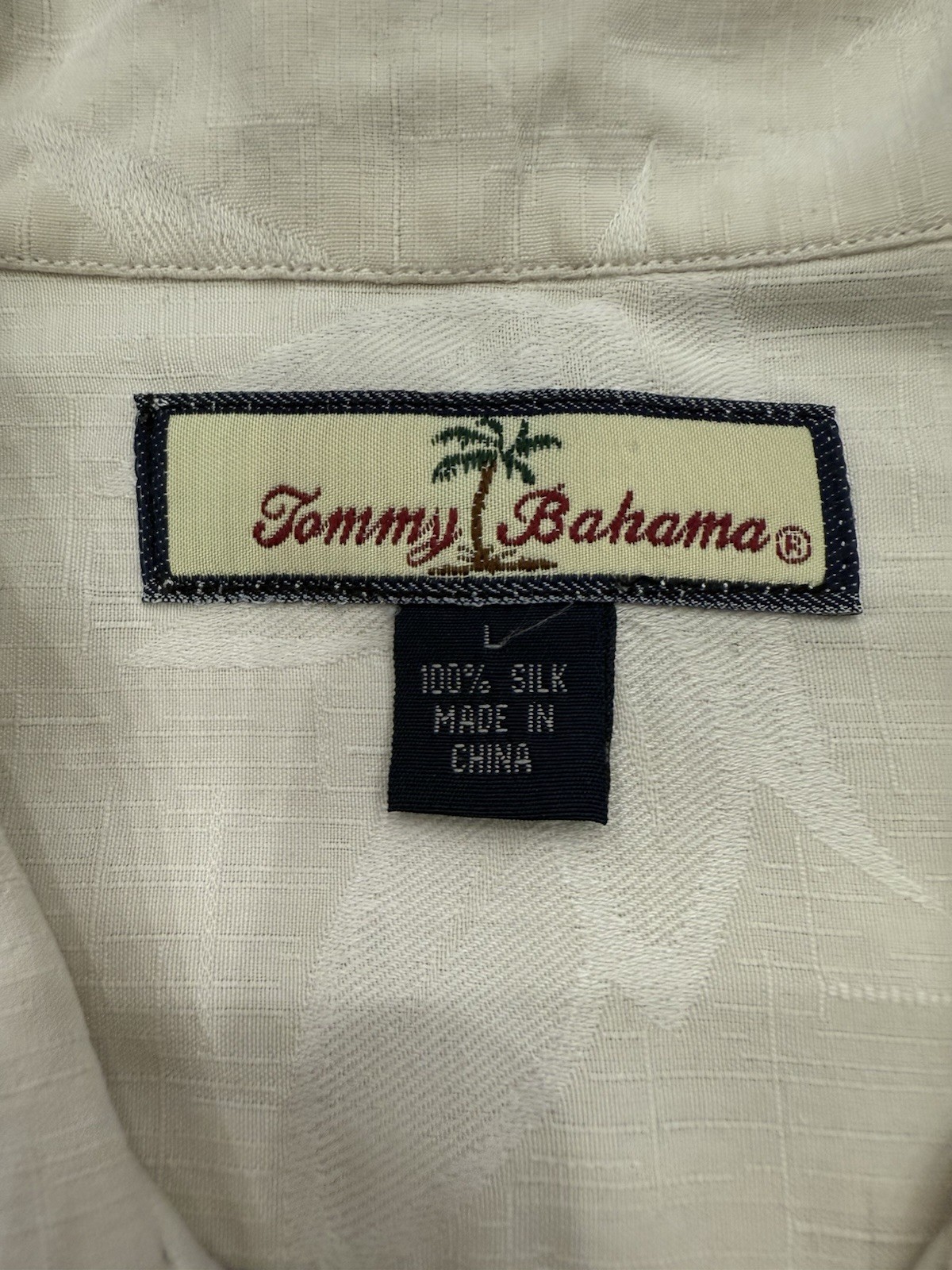 TOMMY BAHAMA Mens Large Silk Hawaiian Camp Shirt Beige Cream Palms Vintage