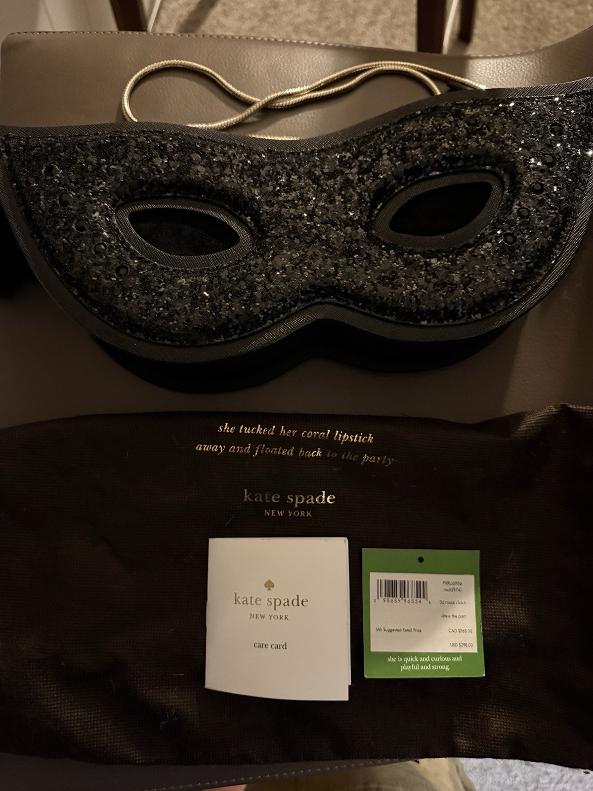 Kate Spade Dress The Part Mask Clutch PXRU6986 Black Glitter Novelty Bag