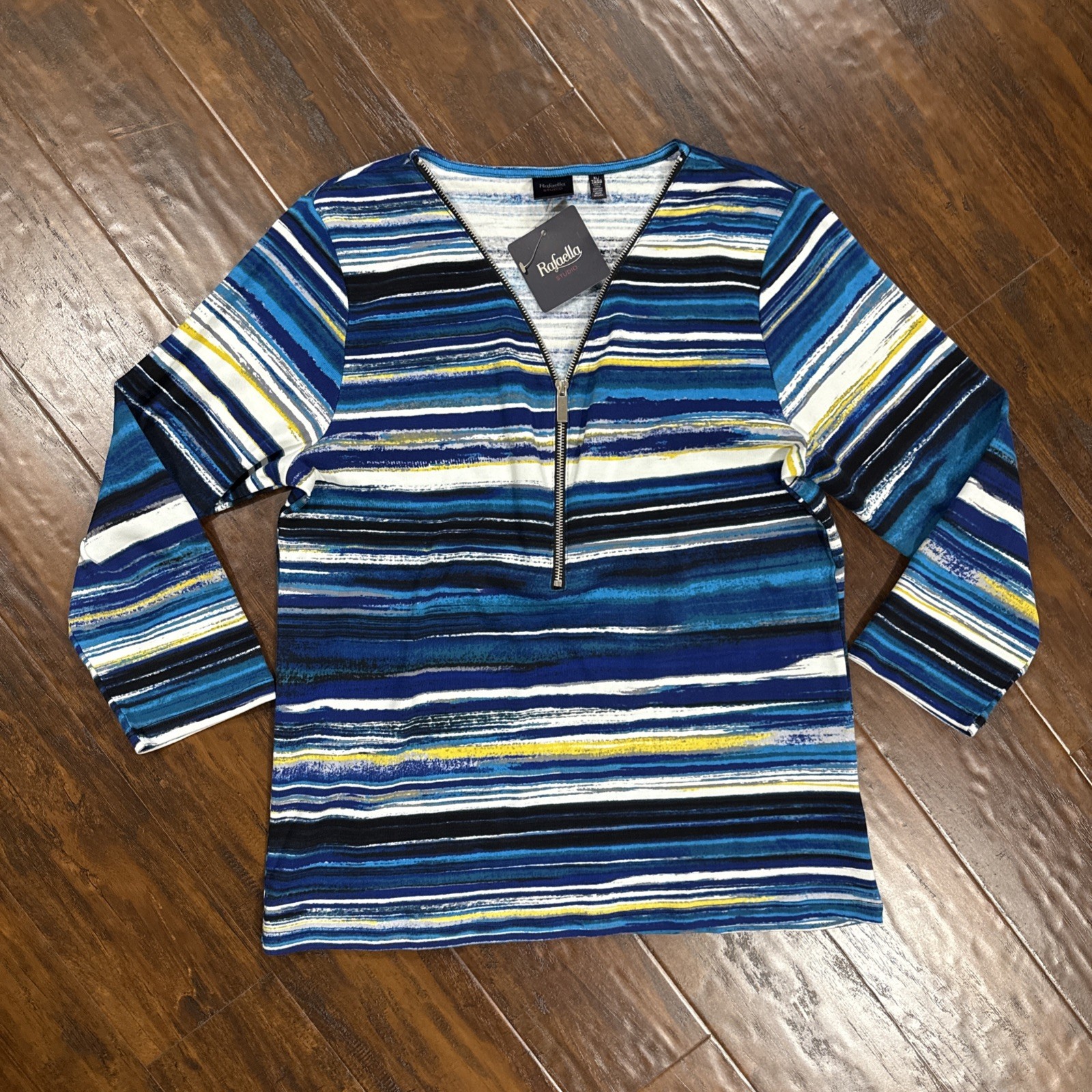 Rafaella Studio Blue White Black Top 1/2 Zip 3/4 Sleeves Sporty NWT