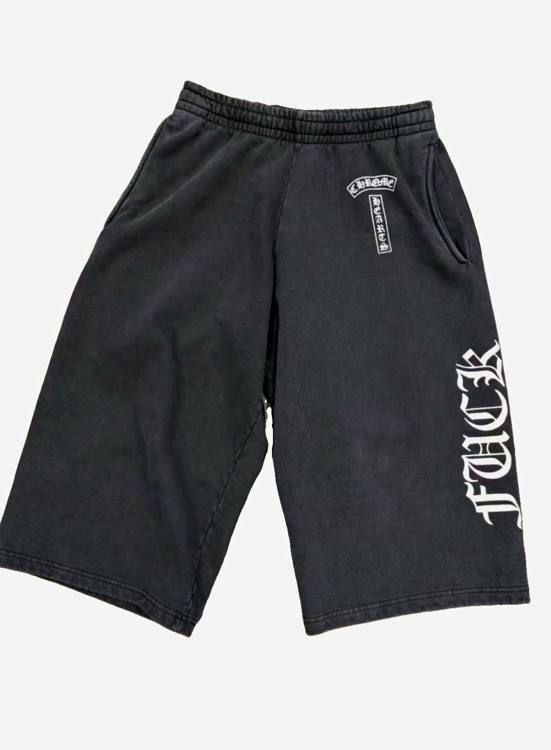 Chrome Hearts soap and water capri shorts.