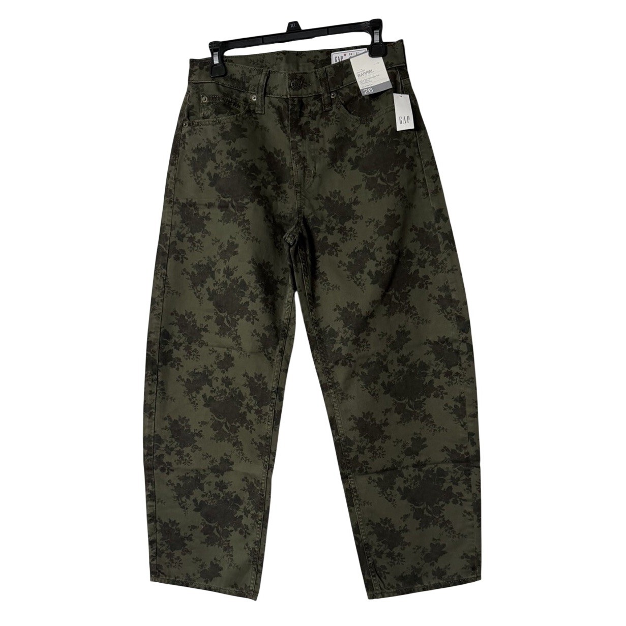 NWT Gap Womens Olive Floral High Rise Barrel Tapered Relaxed Jeans Denim 2P