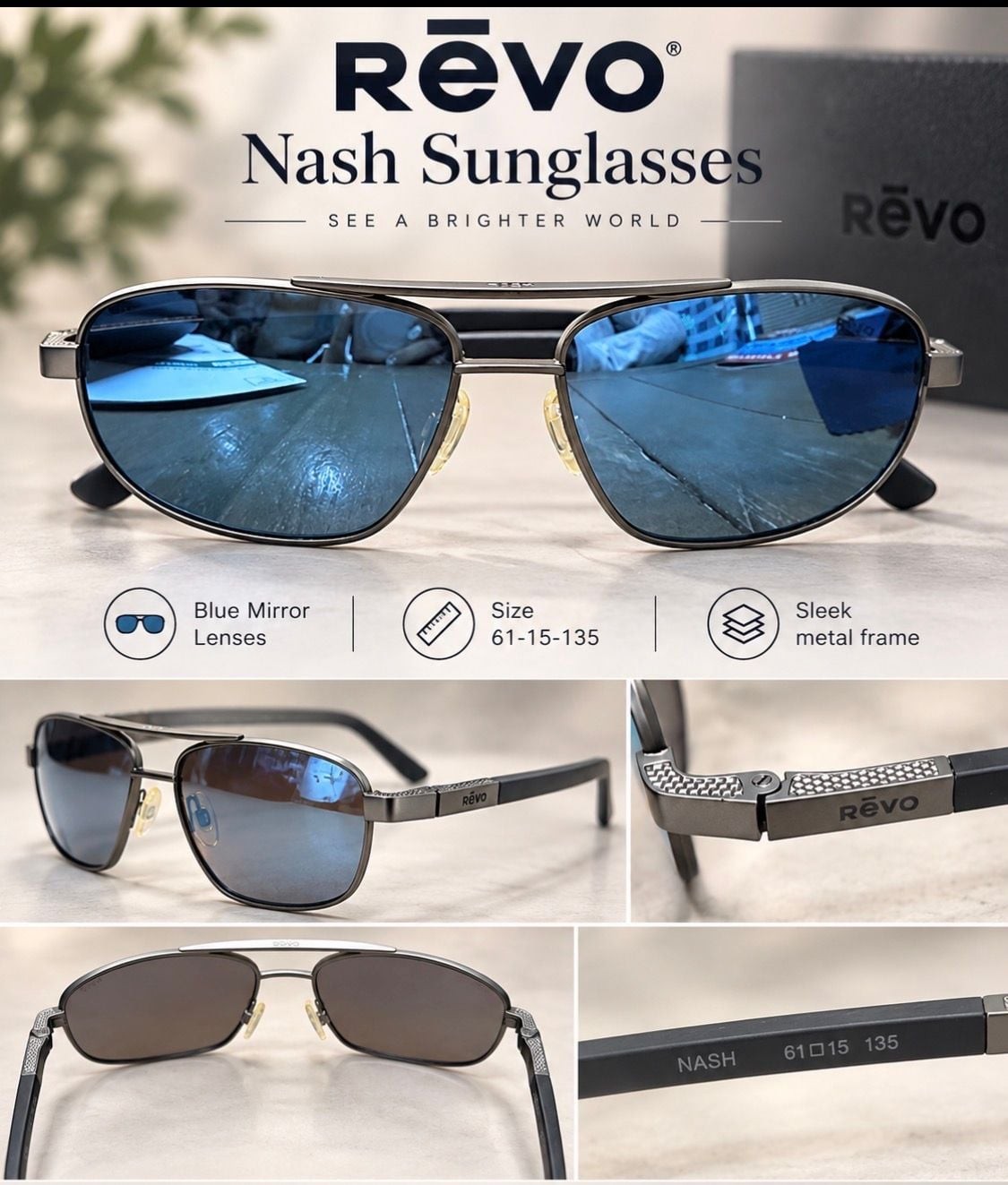 Revo Nash Sunglasses Gunmetal Frame with Blue Mirror Lenses 61-15-135