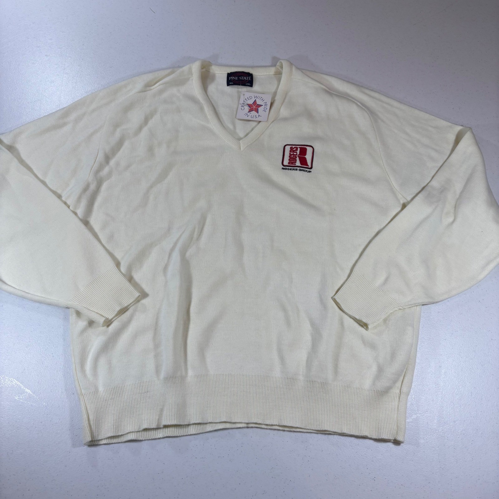 Vintage Pine State Rogers Group V-Neck Sweater Cream White 2XL NWT USA Made
