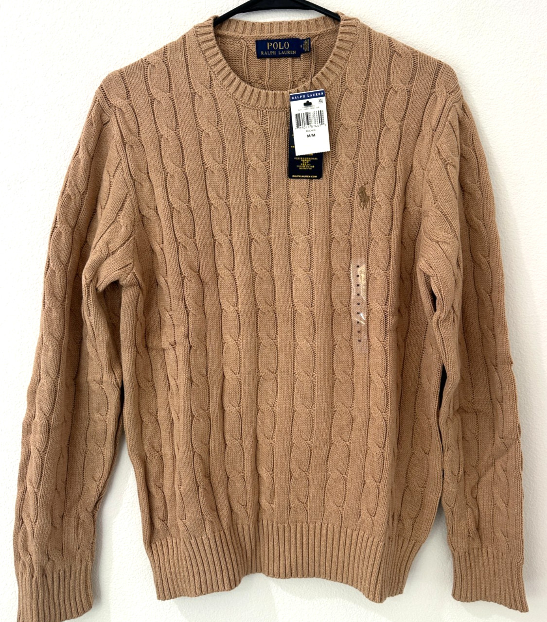 Polo Ralph Lauren Men\'s Cable Knit Cotton Crewneck Sweater Brown Pony M