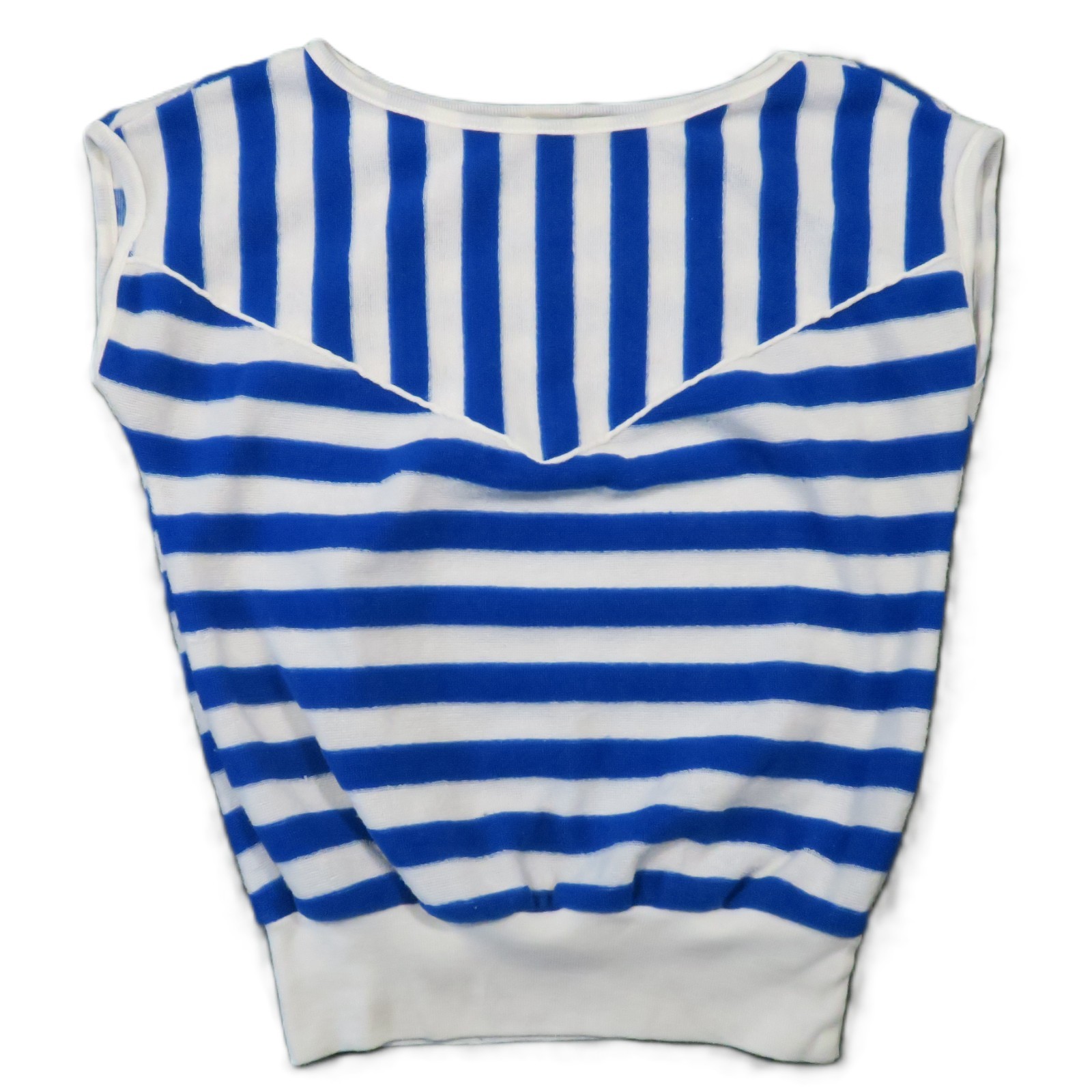 Vintage 70s 80s Striped Blouson Top S Blue White Terry Knit Cap Sleeve Beach USA
