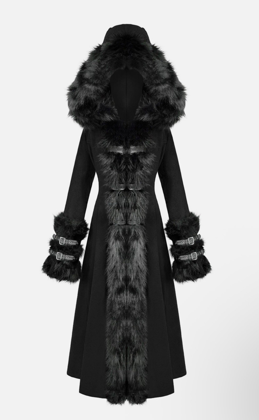 Devil Fashion Women Long Goth Lolita Hooded Winter Coat Jacket Black Faux Fur XL