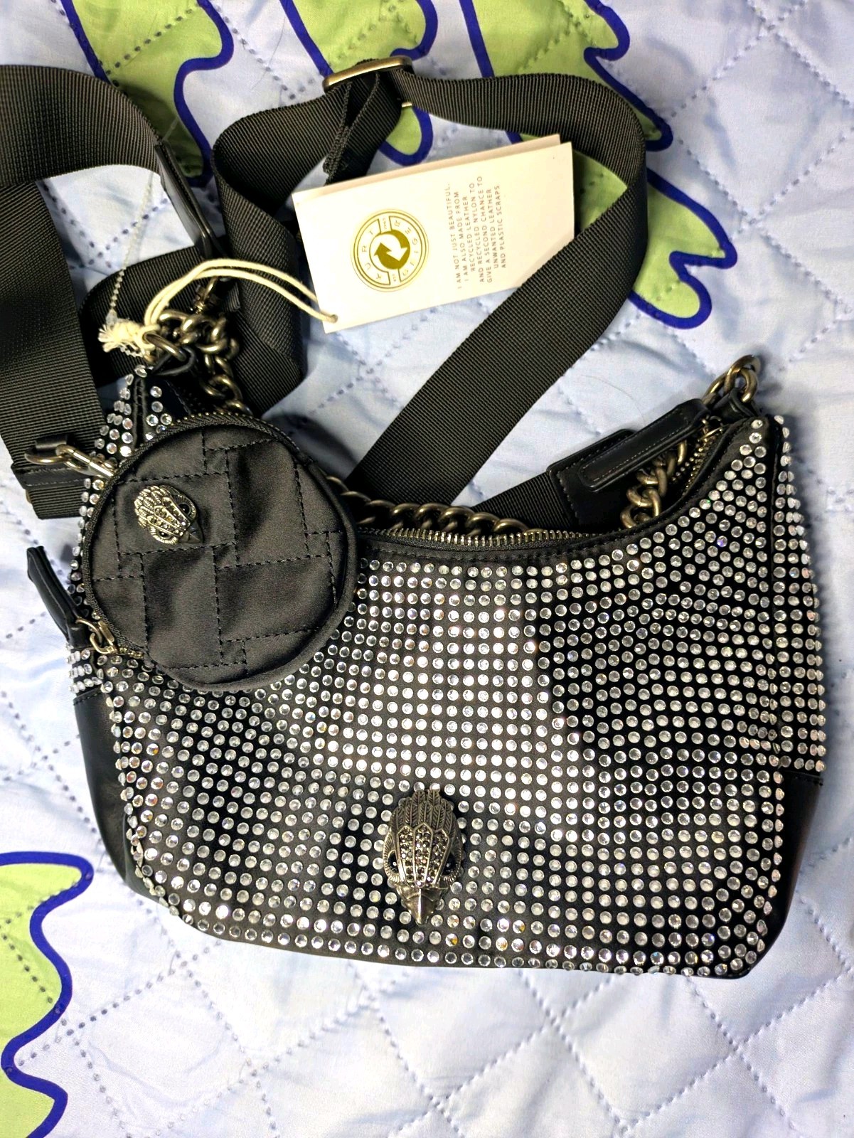Kurt Geiger Black Quilted Rhinestone Small Crescent Crossbody Bag Coin Purse