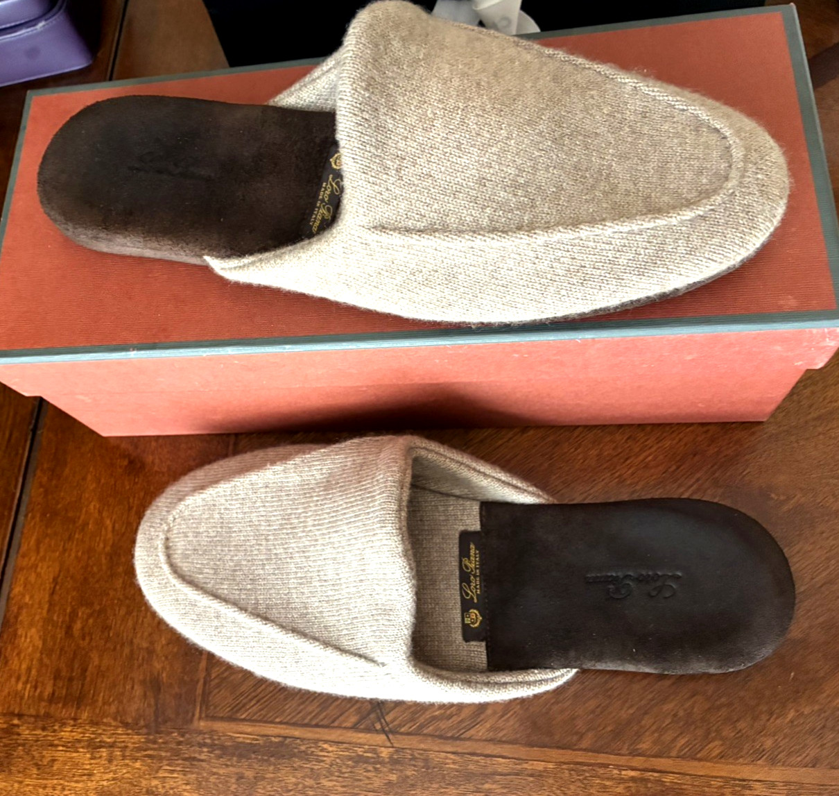 LORO PIANA CLASSICA SLIPPERS CASHMERE  BEIGE/BROWN  SIZE 43/BOX