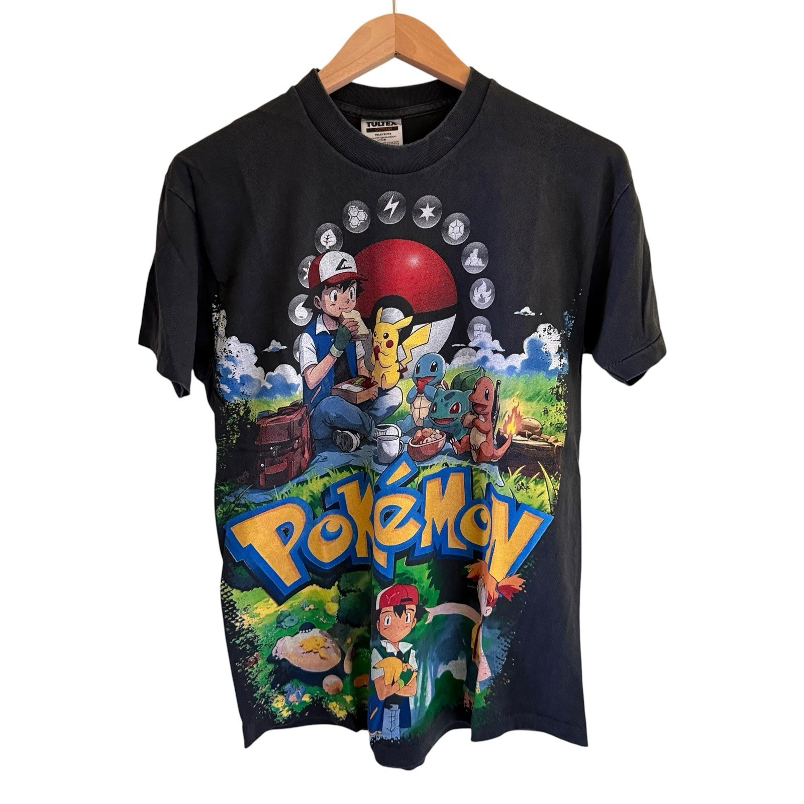 Pokemon RARE Ash Charmander Pikachu Vintage Reprint Single Stitch T-shirt Sz Lg