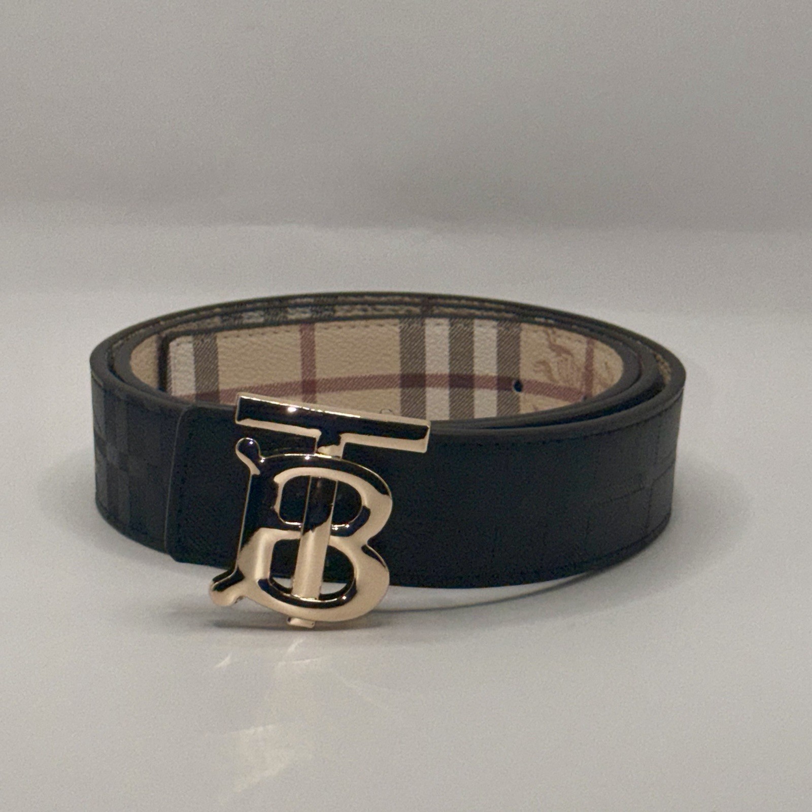 Burberry Reversible men\'s Check Belt Gold-Tone Buckle Designer Beige Size 32-36