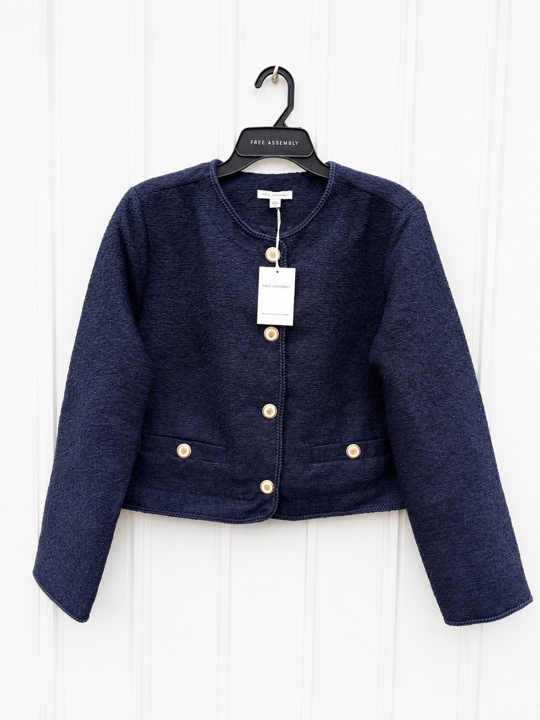 Free Assembly Women’s Collarless Jacket Sweater Blazer Navy Blue Snap  L 12-14