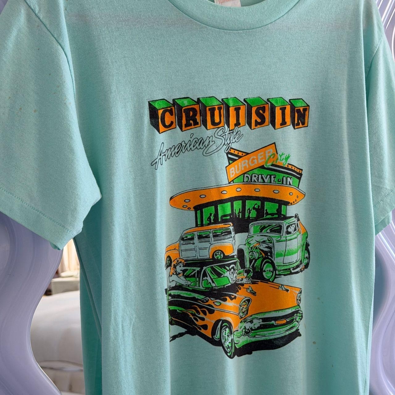 Vintage Americana 1950s Retro Drive In Aqua Blue Graphic Tee Sportswear L