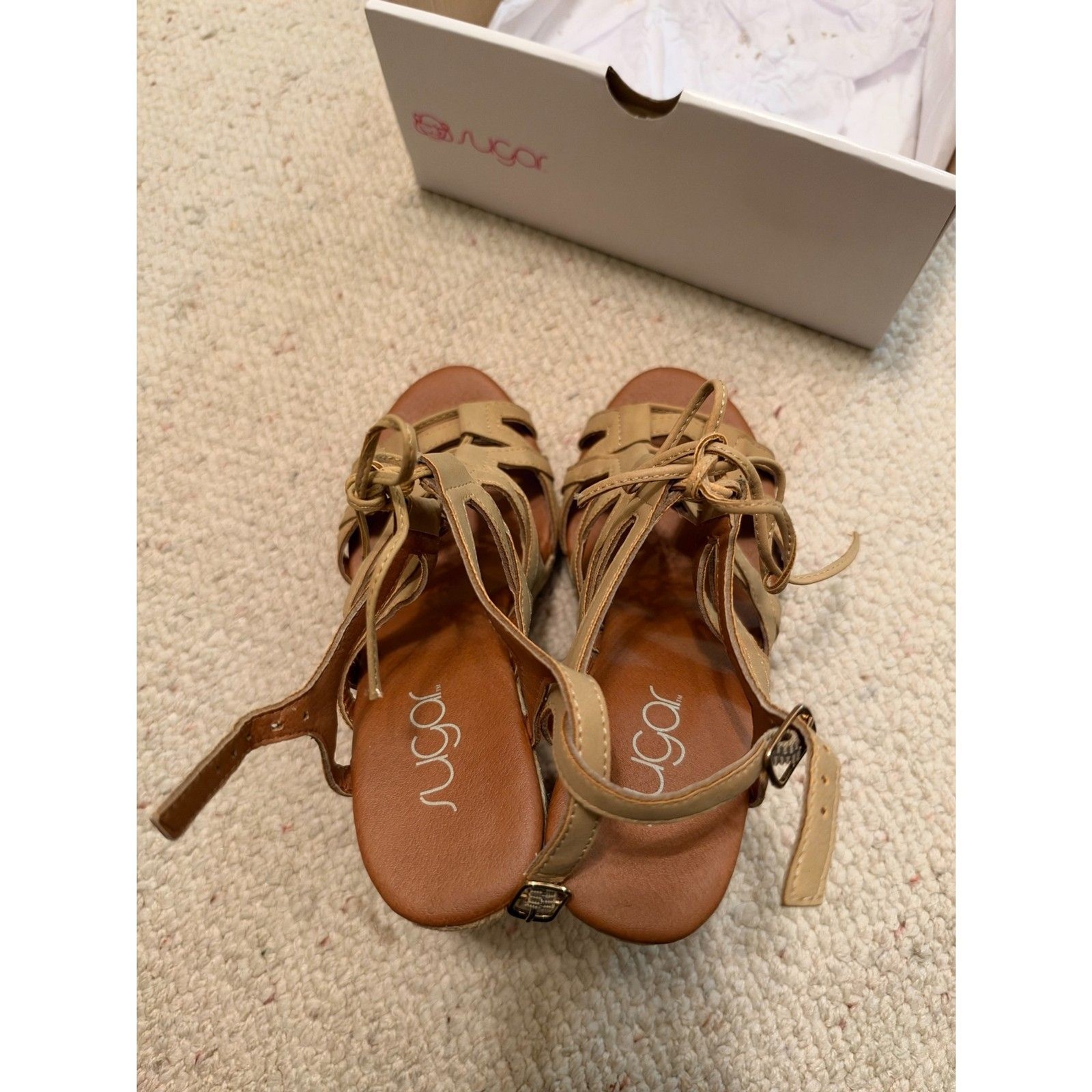 Sugar Honeydew Womens Wedge Sandals Strappy Tan Size 5.5 M in original box