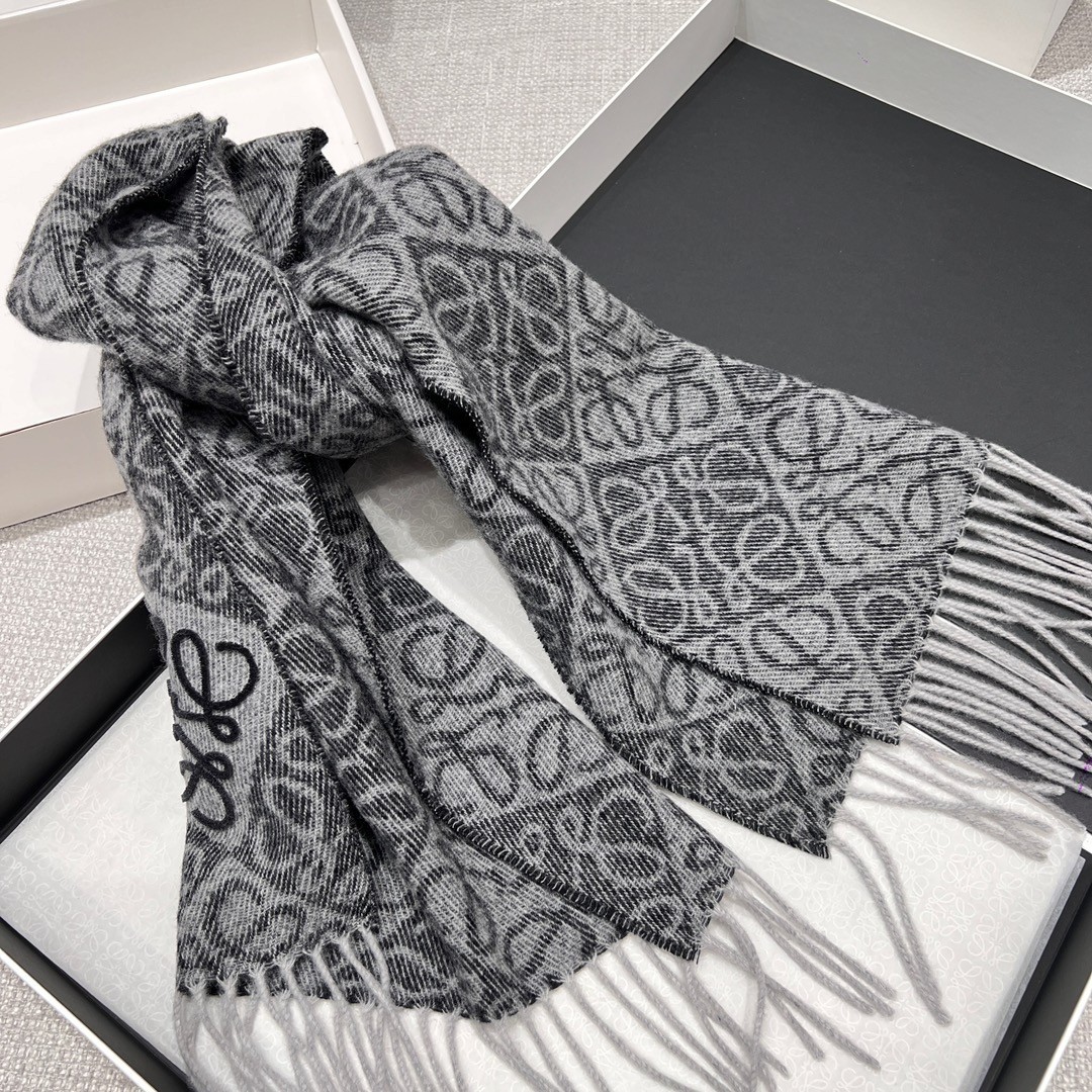 LOEWE Wool Cashmere Scarf Gray Anagram Jacquard Fringe Unisex 180x38cm
