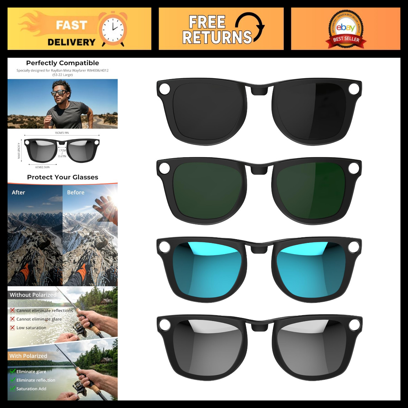 4Pcs Polarized Clip-On Sunglasses Lenses for Wayfarer Gen 1/2 - UV Protection