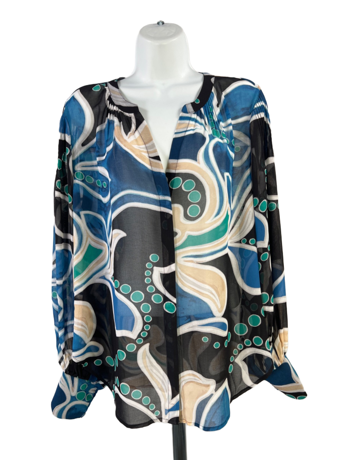 Chico\'s Women\'s Black/Blue Semi-Sheer Long Sleeve Button Up Blouse - 2/US 12
