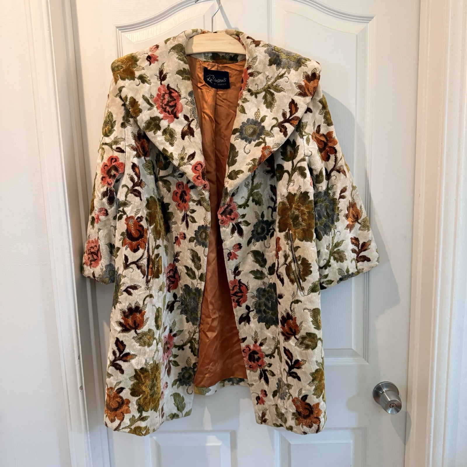Vintage 1960s Floral Chenille Tapestry Car Coat Robinson’s Mid Century Swing