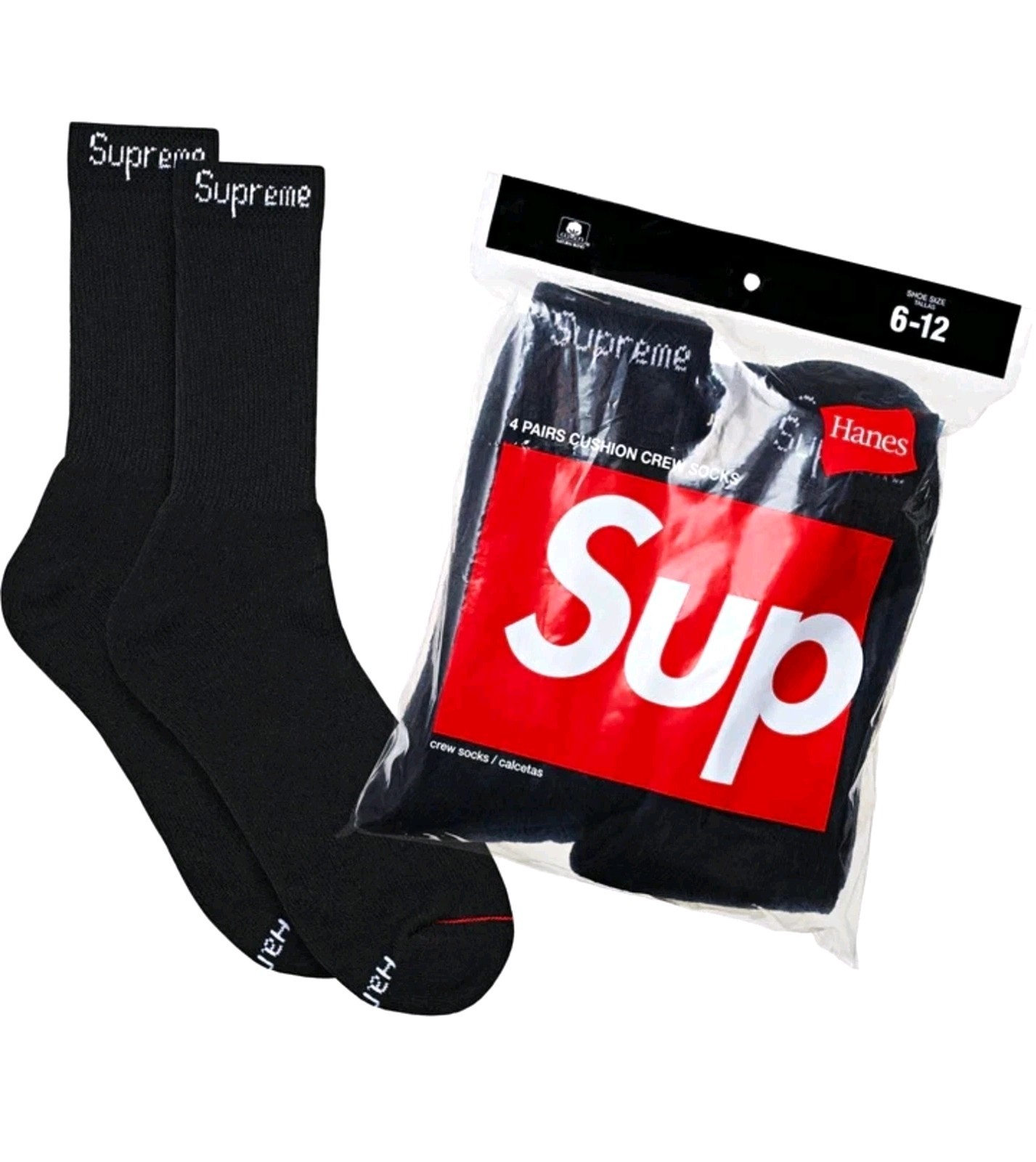 Supreme x Hanes Men\'s Cushioned Logo Crew Socks Black 4 Pairs One Size