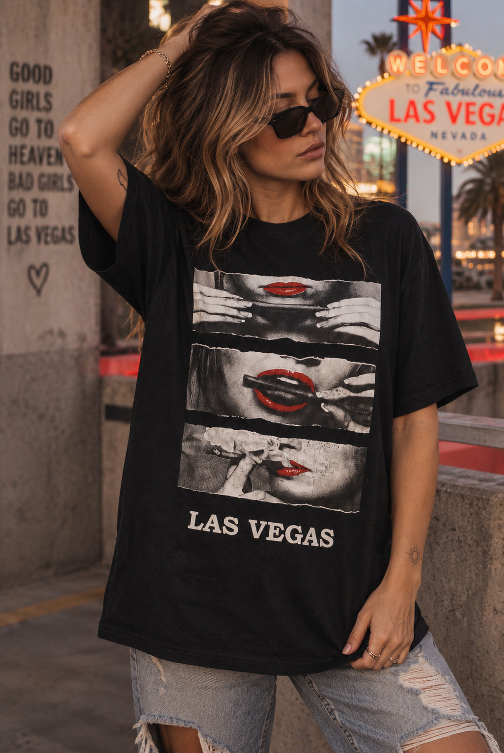 Modern Culture Las Vegas Graphic Tee Womens S Black Red Lips Smoking Shirt