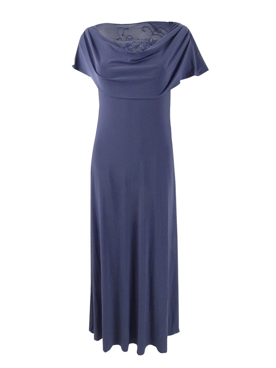 Patra Women\'s Double Drape Net Beaded Sleeveless Gown Dress (6, Slate)