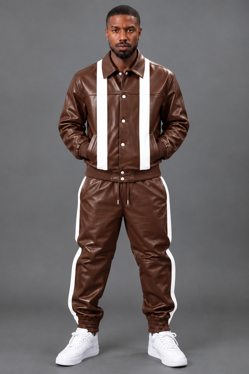 Men's Handmade Genuine Lambskin Brown/White Leather Jogging Tracksuit SweatSuit