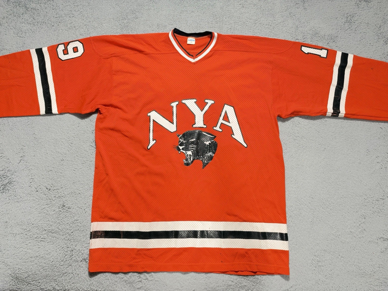 Vintage 1970s Champion NYA Killer Black Panther Hockey Mesh Jersey *DISTRESSED