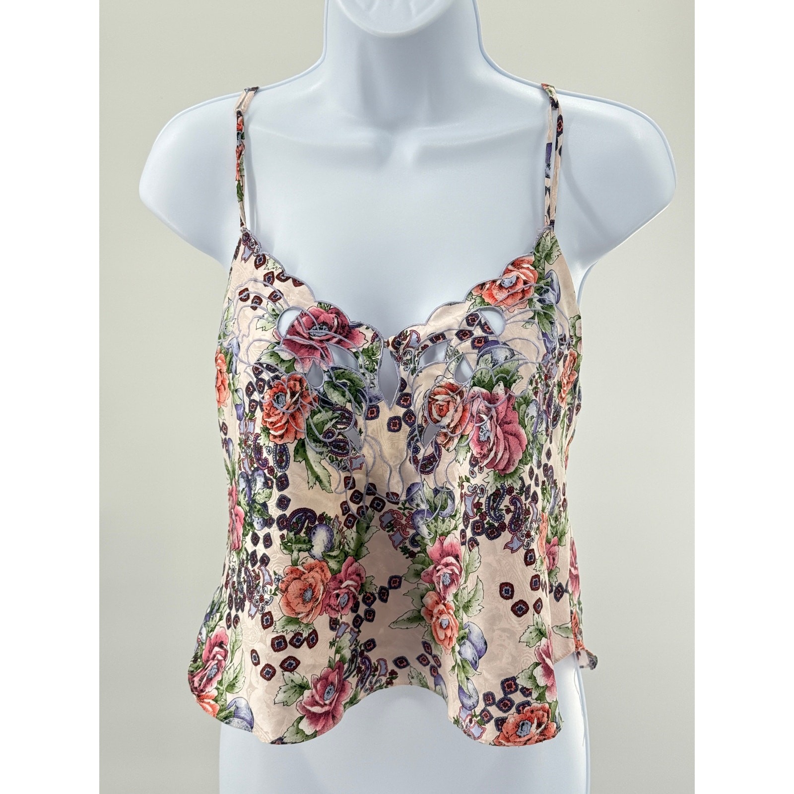 Vtg Victoria\'s Secret Gold Label Rose/Paisley Embroidered Scallop S Camisole 90s